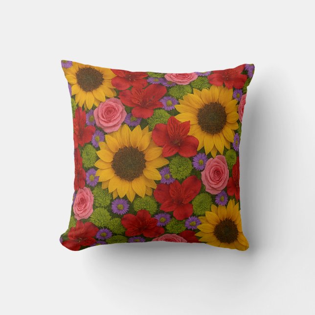 Sunflower and Rose Throw Pillow (Front)