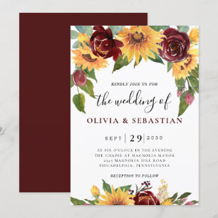 Sunflower and Roses Burgundy Red Greenery Wedding Invitation