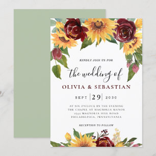Sunflower and Roses Burgundy Red Greenery Wedding Invitation