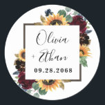 Sunflower and Roses Burgundy Red Navy Blue Wedding Classic Round Sticker<br><div class="desc">Design features elegant watercolor roses,  peonies,  wildflowers and sunflowers in various shades of burgundy red,  navy blue and more over a wreath of eucalyptus greenery. Design also features a thin barn wood frame underneath the wreath.</div>