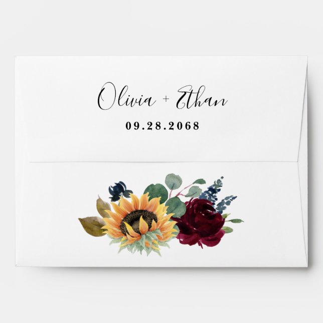 Sunflower and Roses Burgundy Red Navy Blue Wedding Envelope (Back (Top Flap))