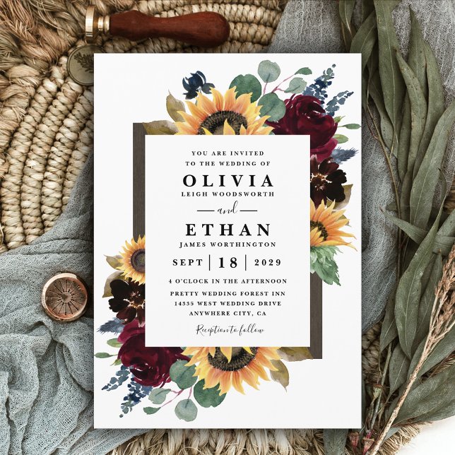 Sunflower and Roses Burgundy Red Navy Blue Wedding Invitation (Creator Uploaded)