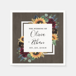 Sunflower and Roses Burgundy Red Navy Blue Wedding Napkin