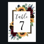 Sunflower and Roses Burgundy Red Navy Blue Wedding Table Number<br><div class="desc">Design features elegant watercolor roses, peonies, wildflowers and sunflowers in various shades of burgundy red, navy blue and more over a wreath of eucalyptus greenery. Design also features a barn wood frame underneath the wreath. A unique font layout compliments the overall design. You can change the background colour on the...</div>