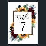 Sunflower and Roses Burgundy Red Navy Blue Wedding Table Number<br><div class="desc">Design features elegant watercolor roses, peonies, wildflowers and sunflowers in various shades of burgundy red, navy blue and more over a wreath of eucalyptus greenery. Design also features a barn wood frame underneath the wreath. A unique font layout compliments the overall design. You can change the background colour on the...</div>