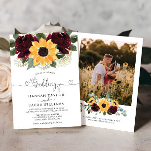 Sunflower and Roses Burgundy Red Photo Wedding Invitation