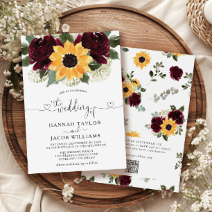 Sunflower and Roses Burgundy Red QR Code Wedding Invitation