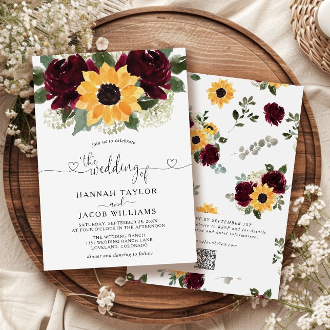 Sunflower and Roses Burgundy Red QR Code Wedding Invitation (Creator Uploaded)