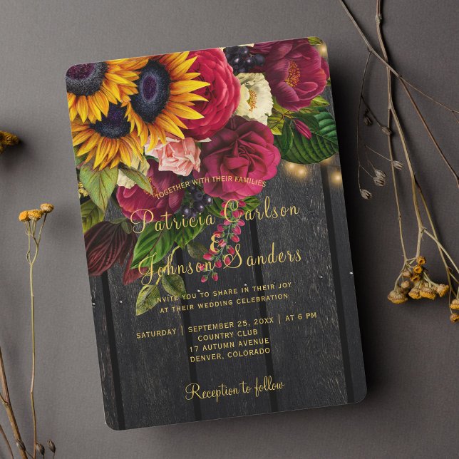 Sunflower and roses burgundy rustic fall wedding invitation (Creator Uploaded)