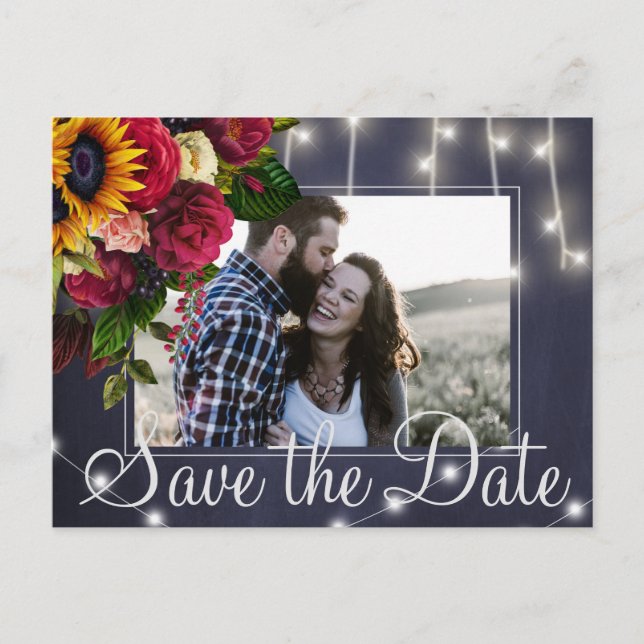 Sunflower and roses navy photo save date wedding announcement postcard (Front)