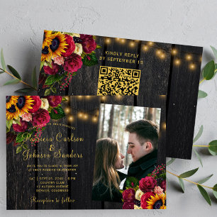 Sunflower and roses QR code photo rustic wedding Invitation