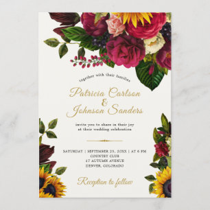 Sunflower and roses rustic fall monogram wedding invitation