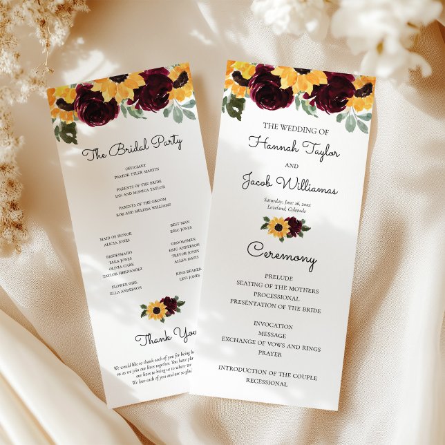 Sunflower and Roses Rustic Greenery Wedding Programme (Creator Uploaded)