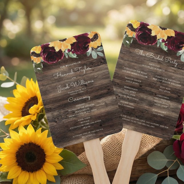 Sunflower and Roses Rustic Wood Wedding Program Hand Fan (Creator Uploaded)