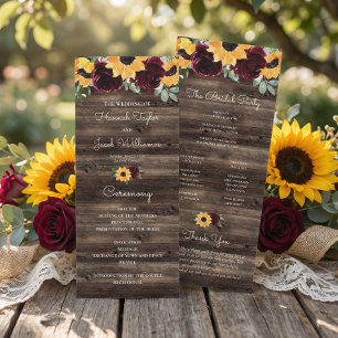 Sunflower and Roses Rustic Wood Wedding Program Programme