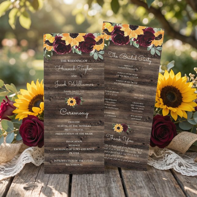 Sunflower and Roses Rustic Wood Wedding Program Programme (Creator Uploaded)