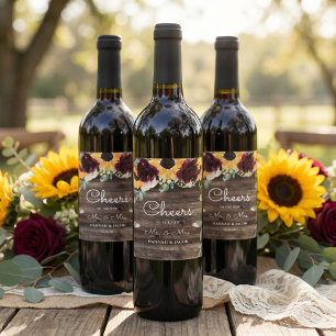 Sunflower and Roses Rustic Wood Wedding Wine Label