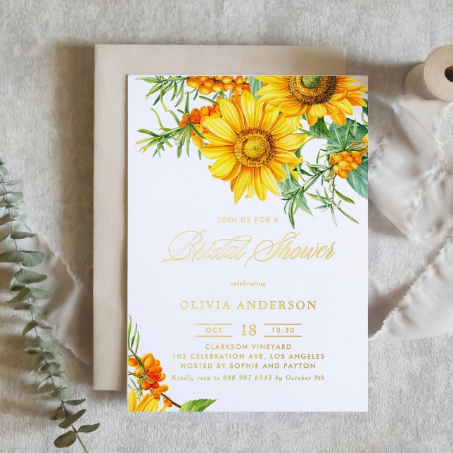 Sunflower and Sea Buckthorn Fall Bridal Shower (Botanical bridal shower gold foil invitation featuring illustrations of sunflower and sea buckthorn.)