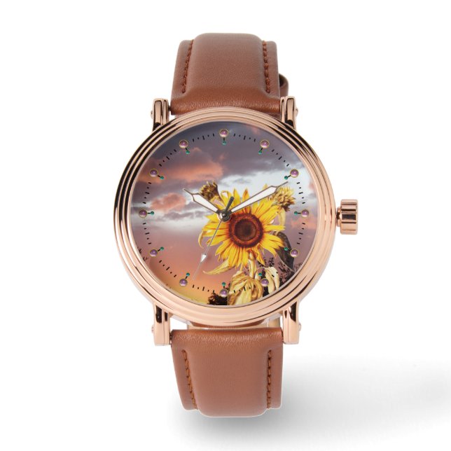 SUNFLOWER AND SUMMER SUNSET WITH PINK CLOUDS WATCH (Front)