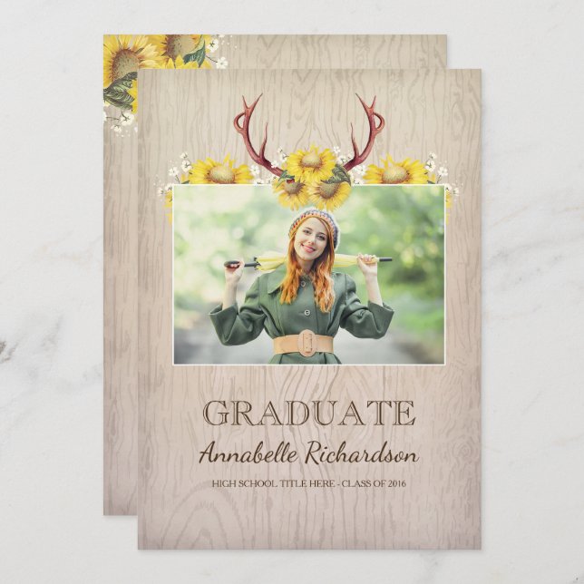 Sunflower Antlers Rustic Photo Graduation Invitation (Front/Back)