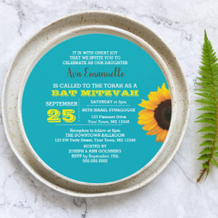 Sunflower Aqua Round Bat Mitzvah Invitation