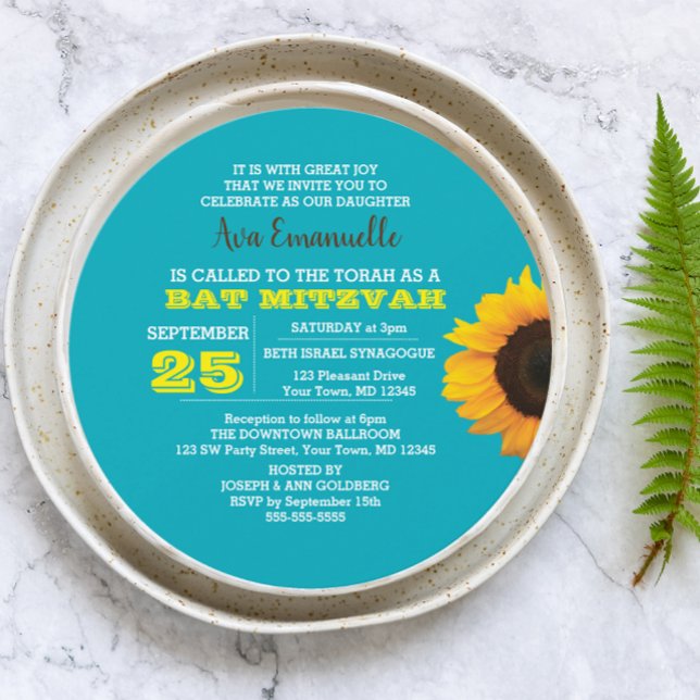 Sunflower Aqua Round Bat Mitzvah Invitation (Creator Uploaded)