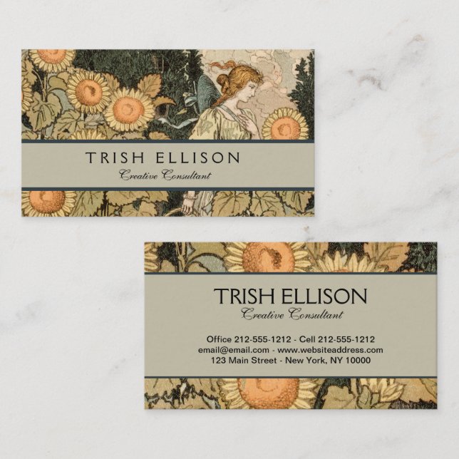 Sunflower Art Nouveau Garden Grasset Woman Business Card (Front/Back)