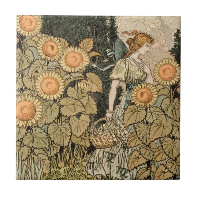 Sunflower Art Nouveau Garden Grasset Woman Tile (Front)
