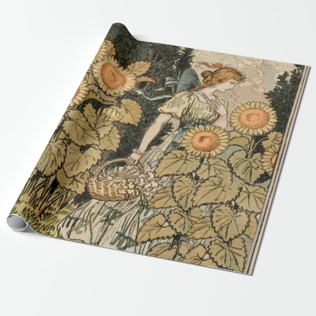Sunflower Art Nouveau Garden Grasset Woman Wrapping Paper (Unrolled)