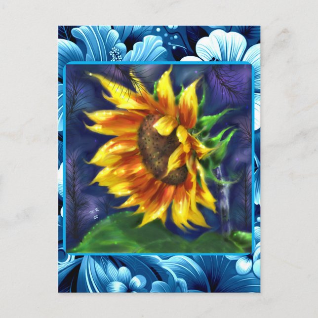 Sunflower at Night Blue Yellow Green Flower Floral Postcard (Front)