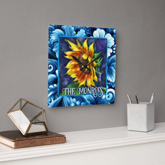 Sunflower at Night Flower Floral Personalised Square Wall Clock (Office)