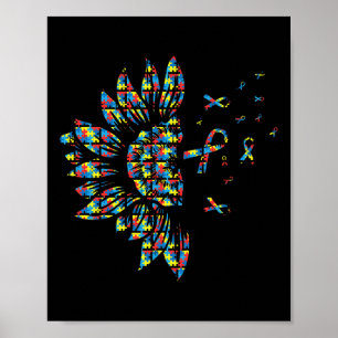Sunflower Autism Puzzle Piece Ribbon Cool Awarenes Poster
