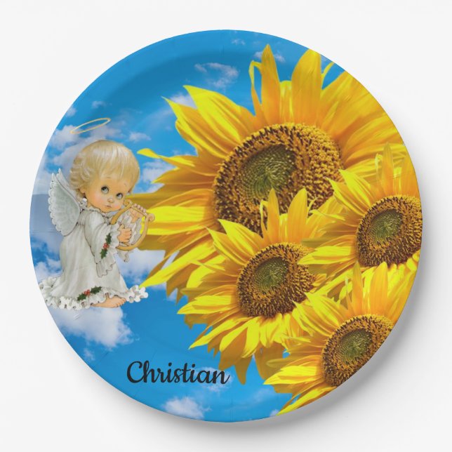 Sunflower Baby Angel Floral  Paper Plates (Front)