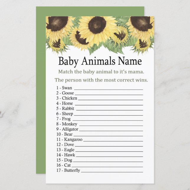 Sunflower Baby Animals Name Game (Front/Back)