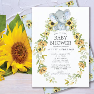 Sunflower & Baby Elephant Boys Baby Shower Invitation