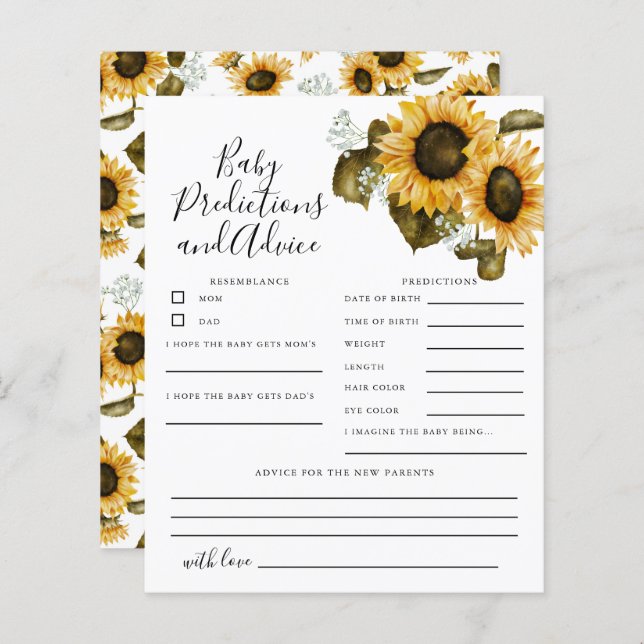 Sunflower Baby Predictions & Advice Card (Front/Back)