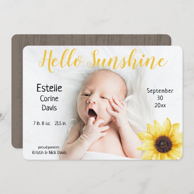 Sunflower Baby Rustic Photo Birth Announcement (Front/Back)