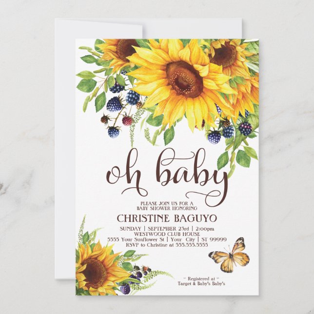 Sunflower Baby Shower Invitation Elegant Boho (Front)
