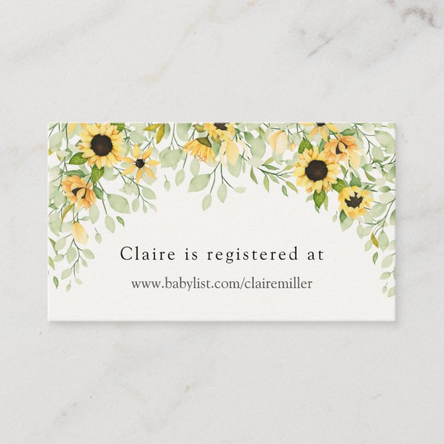 Sunflower Baby Shower Registry  Enclosure Card (Front)
