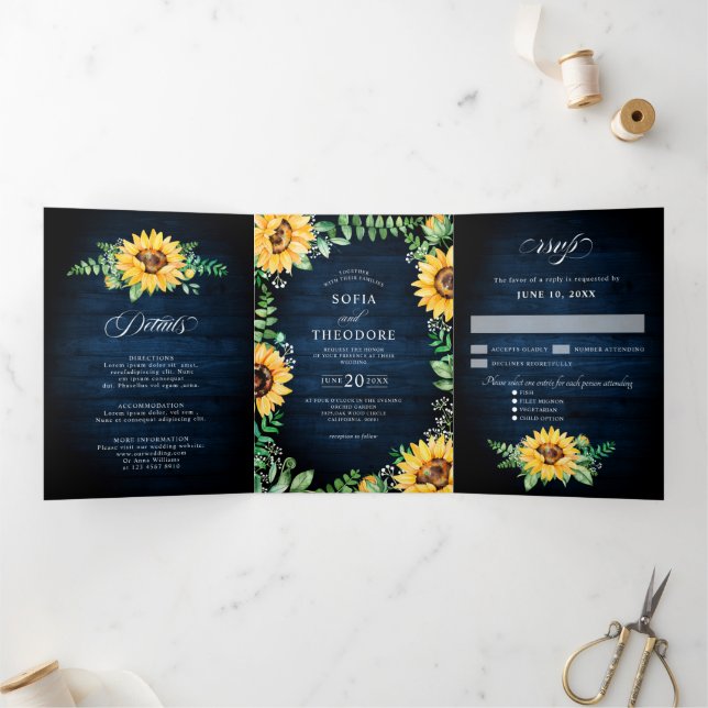 Sunflower baby's breath Navy blue Floral Wedding Tri-Fold Announcement (Inside)