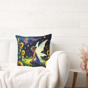 Sunflower Background with a Fairy and Fireflies Cushion