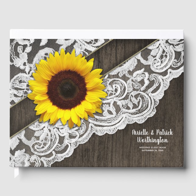 Sunflower Barn Wood and Lace Wedding Guest Book (Front)