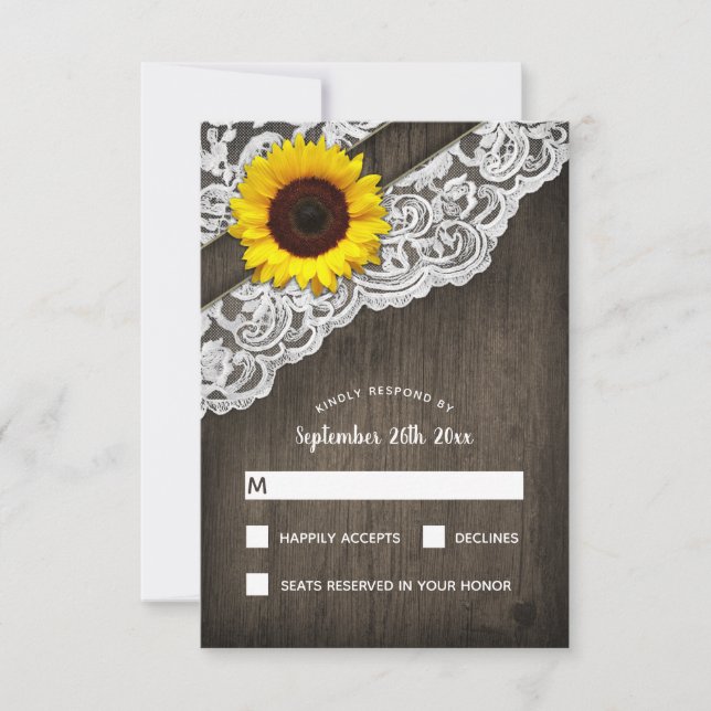 Sunflower Barn Wood and Lace Wedding RSVP Cards (Front)