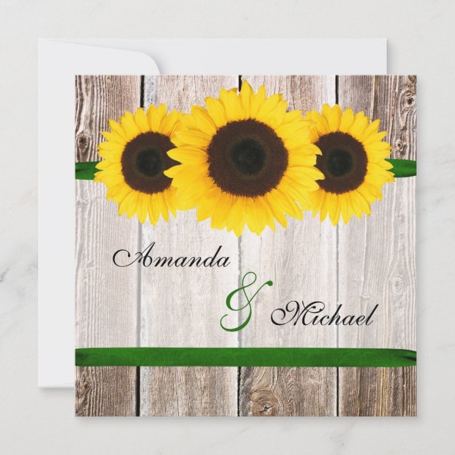 Sunflower Barn Wood Green Ribbon Wedding Invitation (Front)