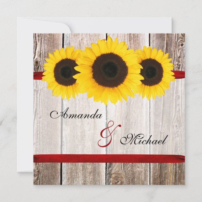 Sunflower Barn Wood Red Ribbon Wedding Invitations (Front)