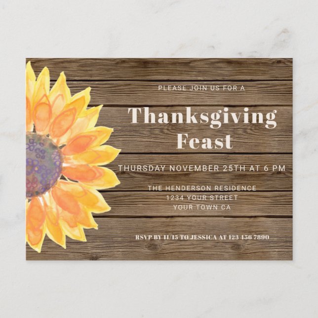Sunflower Barn Wood Thanksgiving Dinner Invitation Postcard (Front)