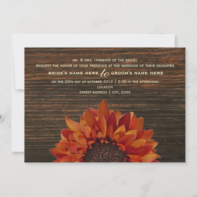 Sunflower & Barnwood Rustic Wedding Invitation (Front)
