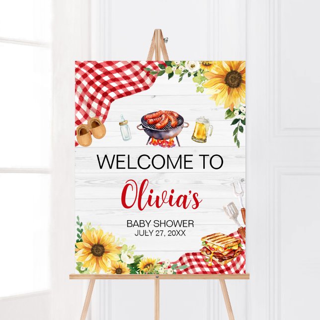 Sunflower BBQ Baby Shower Welcome Poster (Backyard Picnic Baby Shower Welcome Sign)