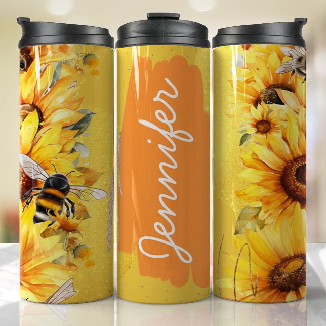Sunflower Bee Add Name Custom Gift Thermal Tumbler (Floral Personalized Tumbler)