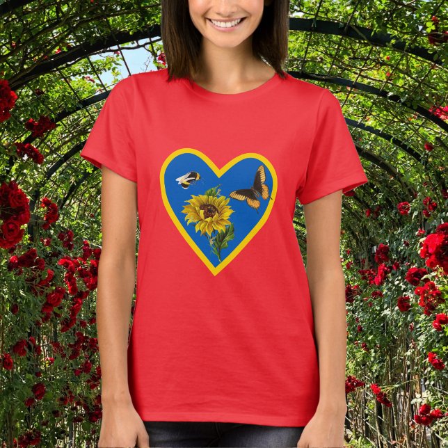 Sunflower Bee and Butterfly Blue and Yellow Heart T-Shirt (Creator Uploaded)